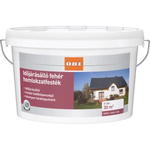 Vödör fehér homlokzatfesték az OBI-tól, kültéri használatra alkalmas.