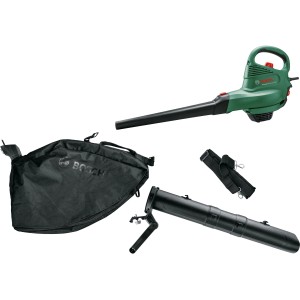 Bosch UniversalGarden Tidy 2300 kerti porszívó gyűjtőzsákkal és tartozékokkal.