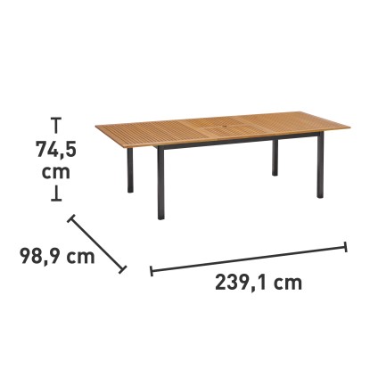 Téglalap alakú Bonlee kerti asztal FSC® fából, barna, 180/240x100 cm, kihúzható és napernyőlyukkal.