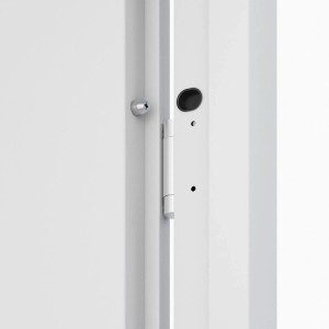 Fém bejárati ajtó Iris fehér színben inox csíkkal 207 cm x 100 cm jobb
