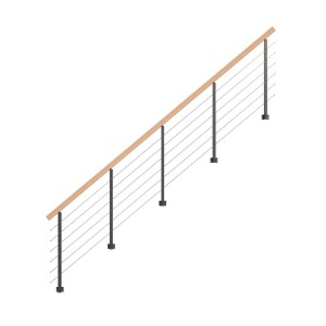 Modern Kos fémkorlát, 450 cm, antracit oszlopokkal, bükkfa téglalap kapaszkodóval és rozsdamentes acél rudakkal.