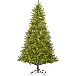 Zöld LED műfenyő Nagano, 210 cm, meleg fehér fényekkel a ünnepi dekorációhoz.