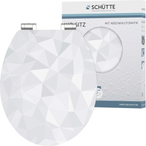 Schütte Diamond WC ülőke SoftClose funkcióval, fa maggal, fehér geometrikus mintával.