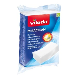 Vileda Miraclean szennyeződés eltávolító radír, 4 darabos csomag, háztartási tisztításhoz.