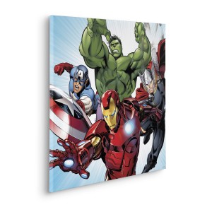 Színes Komar vászonkép a Marvel Avengers szereplőivel: Iron Man, Hulk, Thor és Amerika Kapitány.