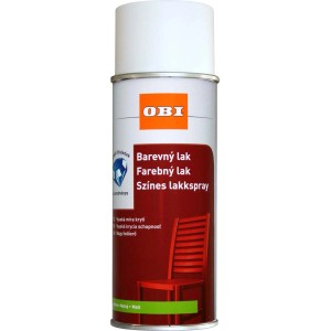 OBI fehér festékszóró spray. Alkalmas beltéri és kültéri festéshez.