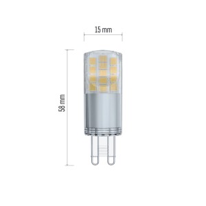 G9 LED fényforrás méretekkel (15 mm x 58 mm).