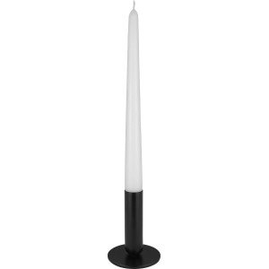 Fekete, kerek fém gyertyatartó gyertyával, 9 cm magas.