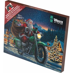 Wera Adventi naptár 2025 szerszámokkal: Mikulás motoron szerszámtáskával.