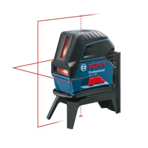 Bosch Professional GCL 2-50 vonalas lézer szintező lézersugarakkal és függőleges pontokkal állványon.