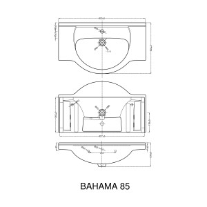 Műszaki rajz: Maximus Bahama mosdó, 85 cm, kerámia kézmosó méretekkel.