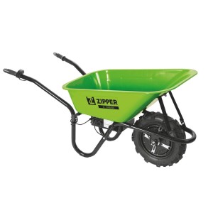 Zöld Zipper ZI-EWB500 elektromos talicska kerékkel és vezérlővel a fogantyún.
