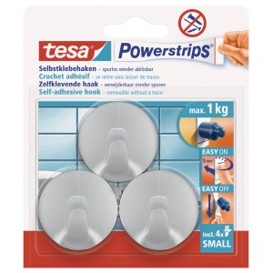 Tesa Powerstrips akasztók, 3 darabos csomag, öntapadós és nyom nélkül eltávolítható, ideális fürdőszobai kiegészítőkhöz.