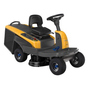 Stiga Swift 372e akkumulátoros fűnyíró traktor akkumulátorokkal és töltővel. Kompakt sárga-fekete fűnyíró.