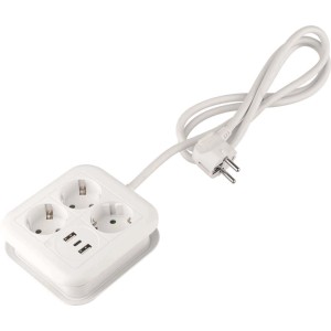 Fehér asztali elosztó 3 aljzattal és 3 USB porttal (1x USB-C, 2x USB-A) otthoni és irodai használatra.