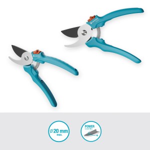 Gardena EasyCut metszőolló, bypass vágás 20 mm-ig, kék fogantyúkkal és acél pengékkel.
