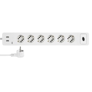 Fehér REV Ritter Combini 6-os elosztó 2 USB porttal, kapcsolóval és lapos dugóval.