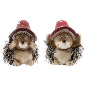 Két kerámia sün figura szövet kalappal, barna-piros-fehér, 7 cm, őszi dekorációként.