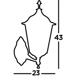 Egy kültéri fali lámpa vázlata méretekkel (magasság 43 cm, szélesség 23 cm).