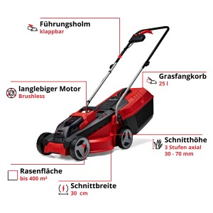 Einhell Power X-Change GE-CM 18/30 Li akkus fűnyíró akkumulátorral és töltővel. Kompakt, piros fűnyíró fűgyűjtő kosárral.