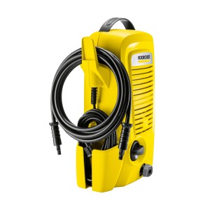 Sárga Kärcher K2 Universal Edition magasnyomású mosó tömlővel és fogantyúval.