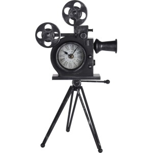 Dekoratív asztali óra vintage filmkamera dizájnnal, állványon. Egyedi óra lakóterekbe.