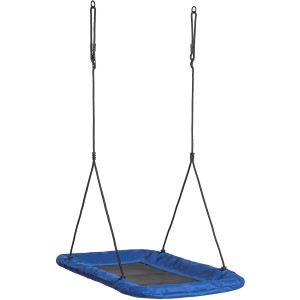 Téglalap alakú, kék SwingKing vászon fészekhinta fekete kötelekkel.