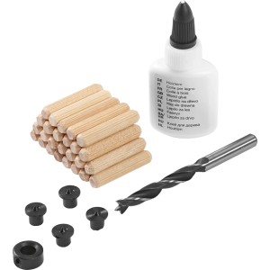 LUX-TOOLS Dübelkészlet Ø 8 mm: 32 darabos készlet fatiplivel, fafogóval, spirálfúróval és dübeljelölővel.