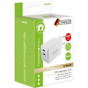 Fehér Schwaiger USB-C töltőadapter 48W két porttal és GaN technológiával, zöld csomagolás mellett.