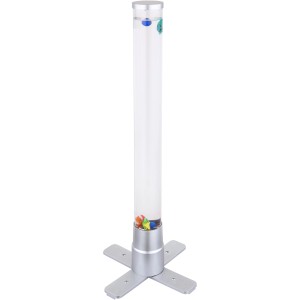 Globo Mendoza LED állólámpa, ezüst színű, vízzel töltött, halakkal és golyókkal díszítve.