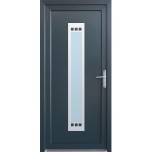 Modern, antracit színű bejárati ajtó, hosszúkás üvegbetéttel és ezüstszínű kilinccsel.