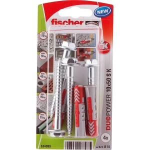 Fischer Duopower 10x50 S K dübel, csavarokkal, különböző építőanyagokhoz alkalmas.