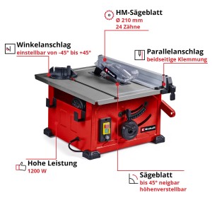 Einhell TC-TS 8 asztali körfűrész: Kompakt körfűrész párhuzamos és szögütközővel, fűrészlap dönthető 45 fokig.