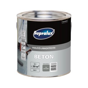 Sötétszürke Supralux betonfesték fém vödörben. Matt betonfesték beltéri és kültéri használatra.