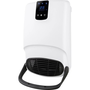 Fehér Sula 2000 W-os fürdőszobai ventilátoros fűtőtest kijelzővel és fogantyúval falra szereléshez.