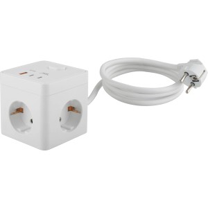 Fehér 6 az 1-ben aljzatkocka USB-C és USB-A portokkal és védőérintkezős aljzatokkal.