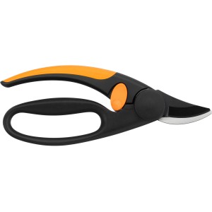 Fiskars Bypass Elegance P44 metszőolló, kerti olló ergonomikus, fekete és narancssárga markolattal.
