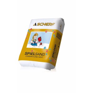 25 kg-os zsák aranybarna színű homokozó homok, 0,06-1 mm szemcseméret, gyermekbarát illusztrációval.