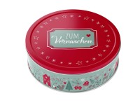 Kerek fém díszdoboz 13,5 cm x 6,5 cm karácsonyi mintás