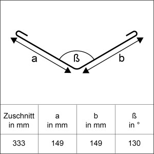 Vázlat természetes alumínium szegélylemez, 333 mm-es méretre vágva, a/b méretek 149 mm, szög 130 fok.