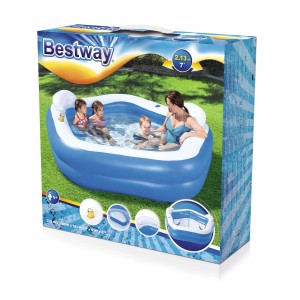 Bestway Family Pool Fun 213x206x69 cm csomagolása családdal a medencében.
