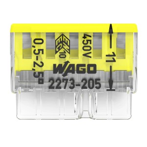 Wago kötődoboz-csatlakozó, 5 pólusú, sárga, 0,5-2,5 mm² vezetékekhez.