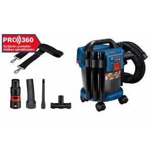 Bosch Professional akkus ipari porszívó tartozékokkal és tömlővel.