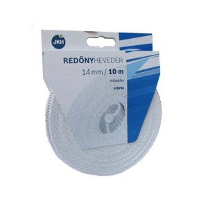 Szürke redőnyheveder, 14 mm széles, 10 m hosszú, csomagolásban feltekercselve.