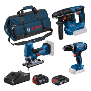 Bosch Professional 18V akkus szerszámkészlet ütvefúróval, szúrófűrésszel, fúrókalapáccsal, 2 akkuval és töltővel.