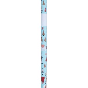 Többszínű ajándékpapír tekercs világoskék alapon, karácsonyfákkal, pingvinekkel és láma mintákkal, 70x200 cm.