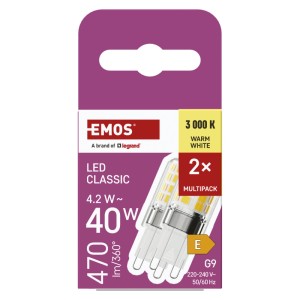 EMOS LED izzó Classic JC / G9 / 4,2 W (40 W) / 470 lm / Meleg fehér /2 db/csomag