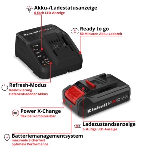 Einhell Power-X-Change Indítókészlet: fekete 18V 2,5Ah akkumulátor és töltő piros díszítéssel. LED töltöttségi kijelzők.