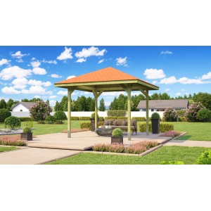 Weka Pavillon Gartenoase 651, 333x333 cm, vörösesbarna tetőzsindellyel a kertben.