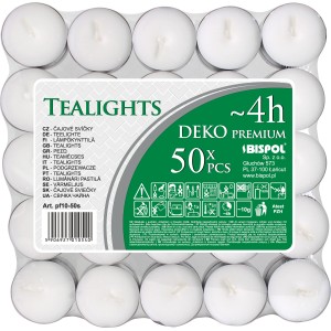 50 db fehér teamécses 4 órás égési idővel, hangulatos beltéri világításhoz.